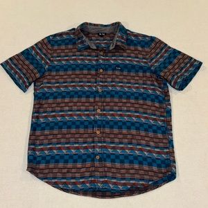 LRG men’s Aztec tribal blue and red linen blend shot sleeve button down shirt S